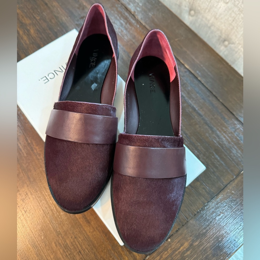Vince Mason Burgundy Casual Leather Calf Hair Flats Loafers, Burgundy Size: 9